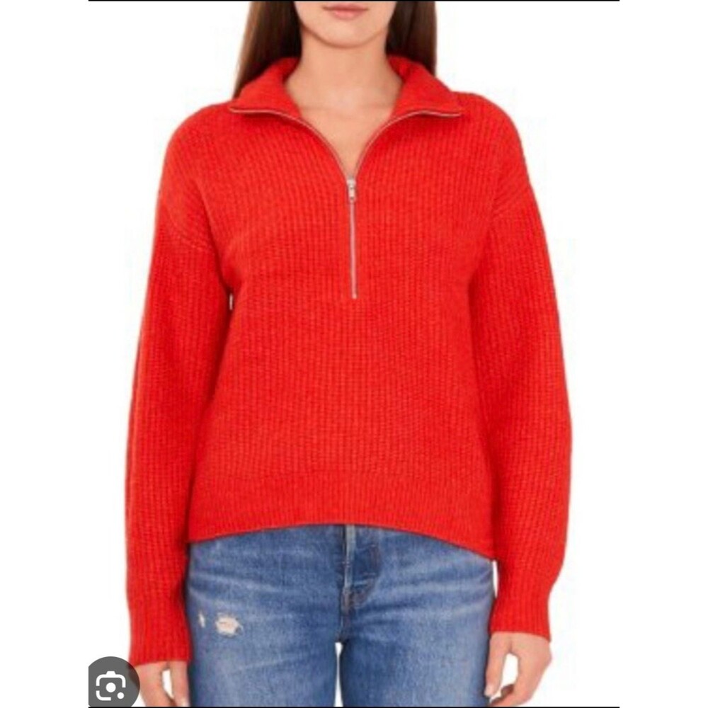 Vince Camuto Women's Size M Bright Red Half Zip Ribbed Knit Sweater Cowl Neck